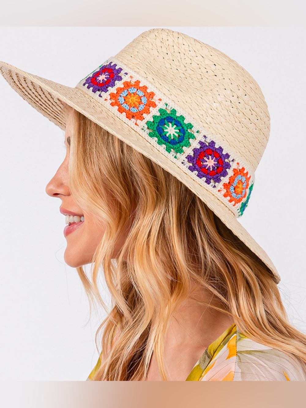 Tan Crochet Band Straw Sun Hat with Multicolor Embroidery